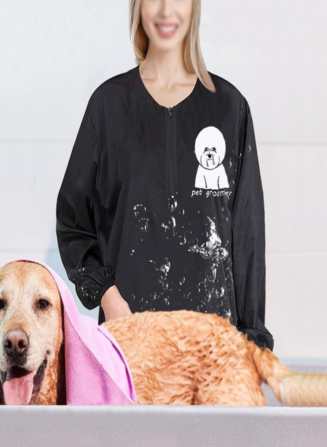 EHERDM Waterproof Pet Grooming Smock with Zipper Long Sleeves Pet Grooming Work Clothes with Two Pockets Dog Cosmetologist Uniforms Smocks for Women Men Bichon M - Image 2